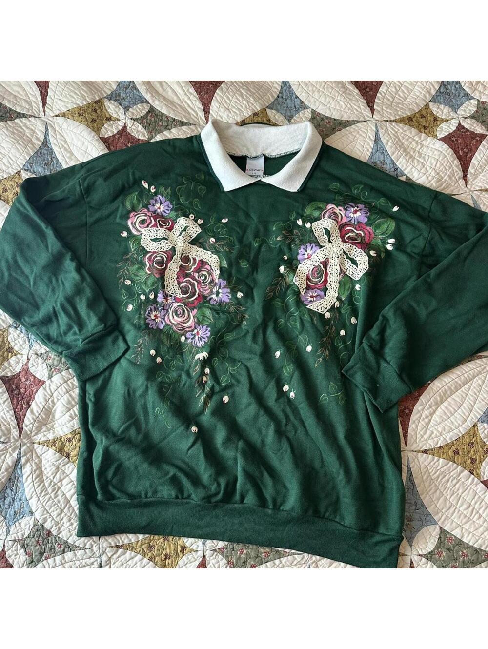 Green vintage 90s floral collared sweater Size L grandma granny grandmacore